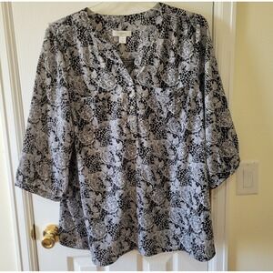 CJ Banks Top Blouse Size 3X Black White Floral Paisley Popover Tunic 3/4 Sleeve